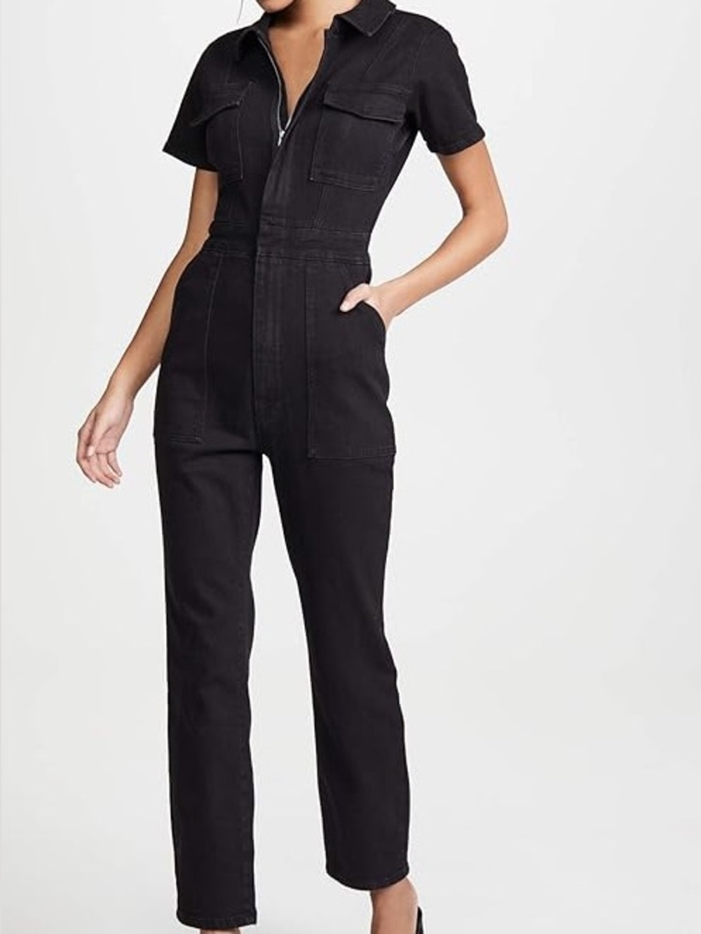 Good American Black Short-Sleeve Denim Jumpsuit